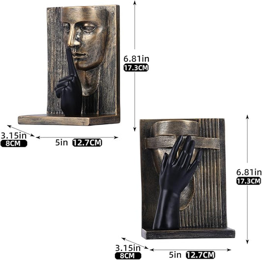 Decorative Bookends Set – Vintage Gold Face Sculptures & Modern Black & White – Resin Book Ends for Shelves, Heavy Book Stoppers, Brass-Look Bookends, Decorative for Home Office (Vintage)