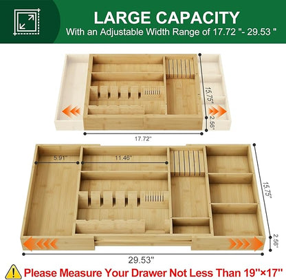 Bamboo Silverware Drawer Organizer, 17.7-29.5 Inch Expandable Large Kitchen Drawer Organizer, 5-8 Slot Flatware with Removable Card Slots & Knife Block for Spoon Butter Knive, Natural