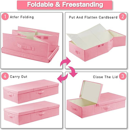 punemi Under Bed Storage With Lids, 2 Pack Pink Underbed Storage Bins Containers for Girls Daughter, Large Low Profile Stackable Drawer Organizer Box for Clothes Bedroom Couch Closet Basement
