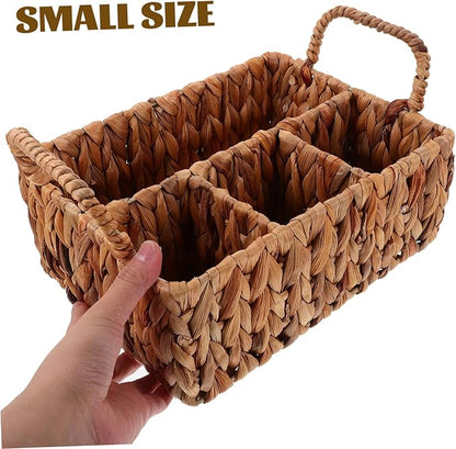 Woven Cutlery Organizer Basket Divided Hyacinth Design for Tabletop Cabinet Natural Storage for Silverware Snacks Stylish Space-saving Home Decor