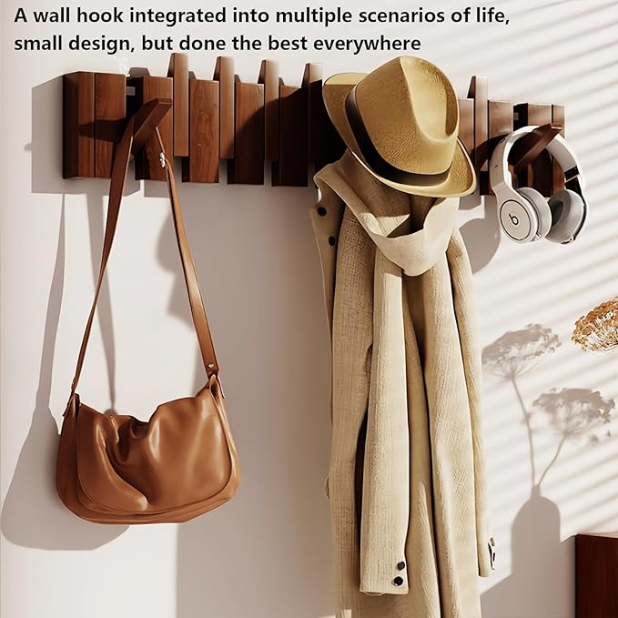 Wall Mounted Coat RackHooks Piano Key Hangers Natural Solid Wood Hanger Non-Woven Fabric Clothes Hangers for Closet, Kitchen, Bedroom, Bathroom, Entryway (Walnut, 12 Hooks)