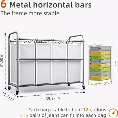 ROMOON Laundry Hamper Sorter Cart: 4-Section Organizer with Heavy-Duty Lockable Wheels and Removable Bags | 172L Rolling Laundry Basket for Dirty Clothes in Laundry Room or Small Spaces (Gray)