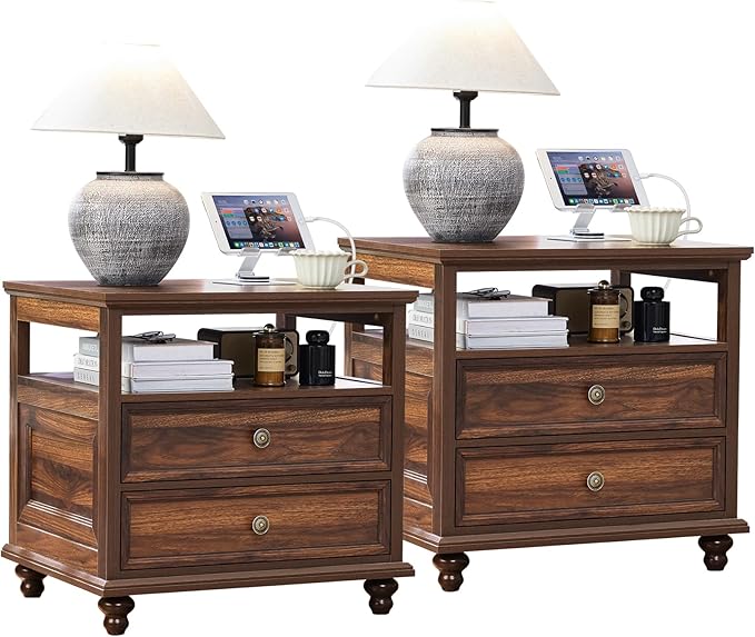 Joaxswe 24" Wide Farmhouse Night Stand Set of 2,Large End Table with 2 Drawers & Metal Handle,Brown Wood Dresser for Bedroom, Bed Side Table Chest of Drawers Cabinet, Nightstand for Living Room,Closet