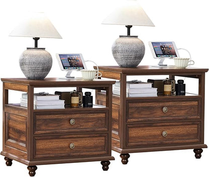 Joaxswe 24" Wide Farmhouse Night Stand Set of 2,Large End Table with 2 Drawers & Metal Handle,Brown Wood Dresser for Bedroom, Bed Side Table Chest of Drawers Cabinet, Nightstand for Living Room,Closet