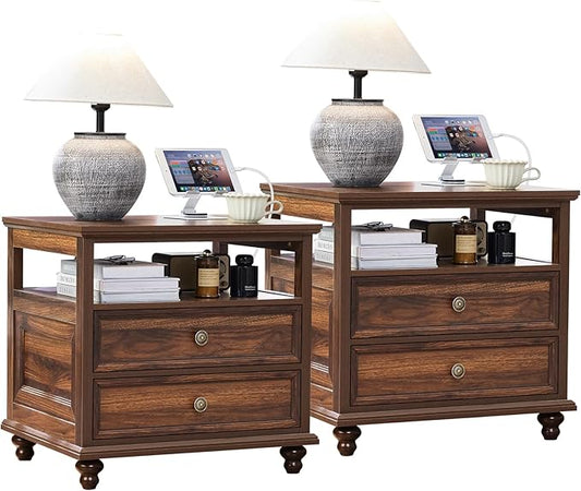 Joaxswe 24" Wide Farmhouse Night Stand Set of 2,Large End Table with 2 Drawers & Metal Handle,Brown Wood Dresser for Bedroom, Bed Side Table Chest of Drawers Cabinet, Nightstand for Living Room,Closet