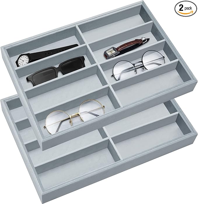 Amylove 2 Pcs Sunglass Organizer Trays Glasses Stackable Jewelry Trays Sunglass Organizer Display Box(8 Grids,Gray)