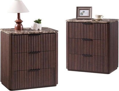 Fluted Nightstand Set of 2, Engineered Wood Bedside Table with 3 Drawers, Modern End Table with Faux Marble-Top, Curved Corners, Metal Handle, Large Night Stand for Bedroom, Office, Closet, Dark Oak