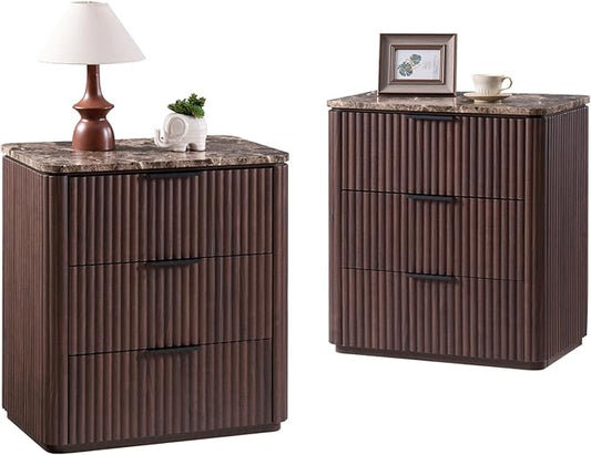 Fluted Nightstand Set of 2, Engineered Wood Bedside Table with 3 Drawers, Modern End Table with Faux Marble-Top, Curved Corners, Metal Handle, Large Night Stand for Bedroom, Office, Closet, Dark Oak