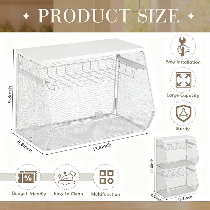 2 Pcs Stackable Fruit Basket with Lid for Kitchen Counter Storage Basket with Drawer Mesh Wall Hanging Wire Baskets with Lid Metal Vegetable Container for Kitchen 13.8 x 8.3 x 9.8''(White)