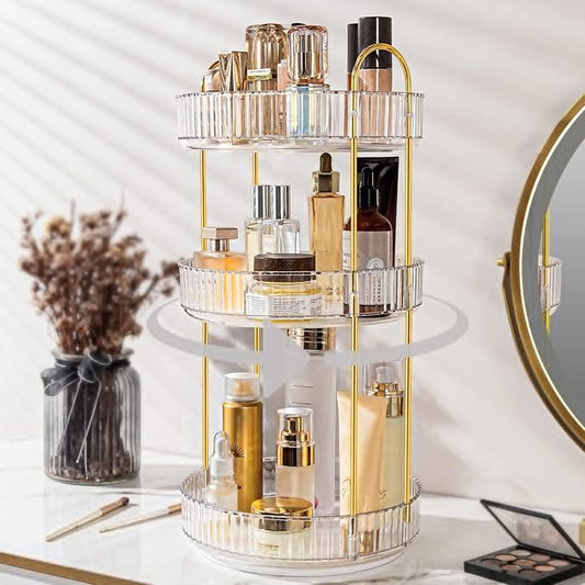 Weidace 360 Rotating Makeup Organizer for Vanity, Bathroom Countertop Spinning Perfume Organizer, High-Capacity Cosmetic and Skincare Dresser Make Up Holder Rack (3 Tiers, White)