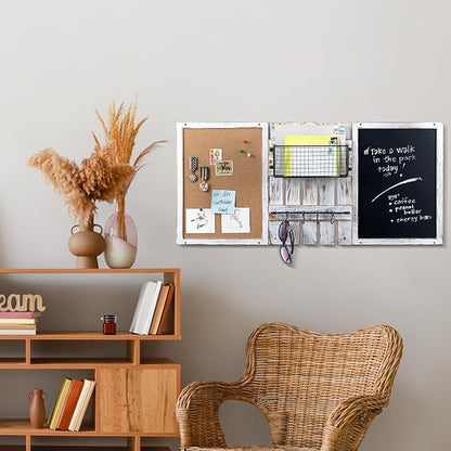 MyGift 3 Panel Wall Mounted Entryway Bulletin Board Combo Set with Shabby White Washed Solid Wood Frame, Chalkboard, Cork Board, Black Metal Mail Basket, and Hanging Rail