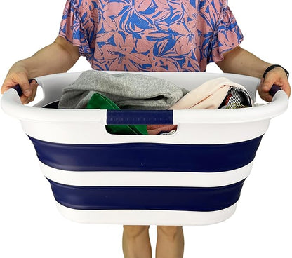 SAMMART 40L (10.5 gallon) Set of 2 Collapsible Plastic Laundry Hamper - Foldable Pop Up Storage Container/Organizer - Portable Washing Tub - Space Saving Basket (2, White/Starry Blue)