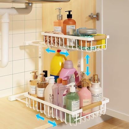 REALINN Under Sink Organizer, Height Adjustable Under Sink Organizers and Storage, 2 Tier Pull Out Drawer Cabinet Storage for Kitchen Bathroom, 1 Pack, White