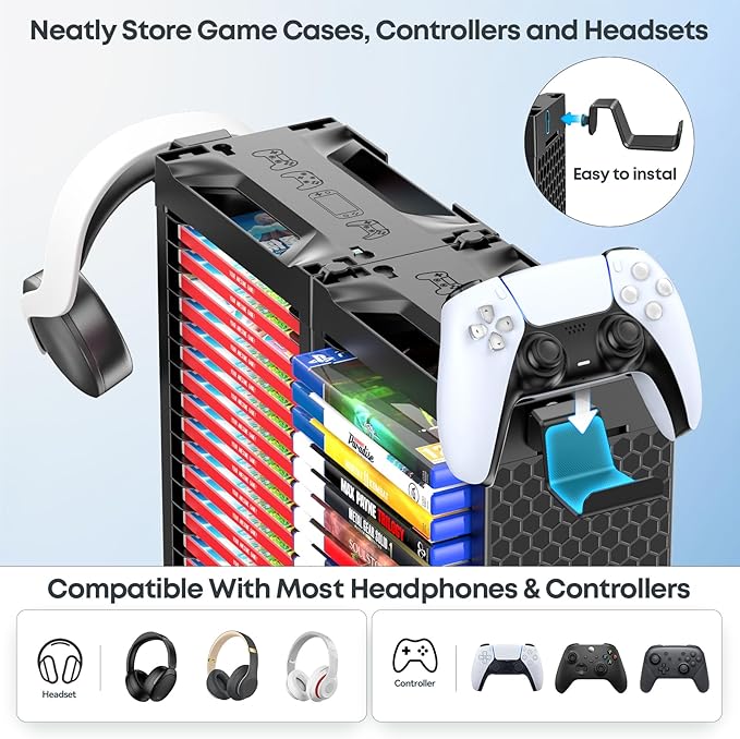 Kytok Video Game Disc Rack Tower Video Game Storage Universal for PS5/PS4/ XBOX One/Series/Nintendo Switch Game, Game Organizer Shelf Display Stand for Wall Mount/Desk/Floor with Controller Holder