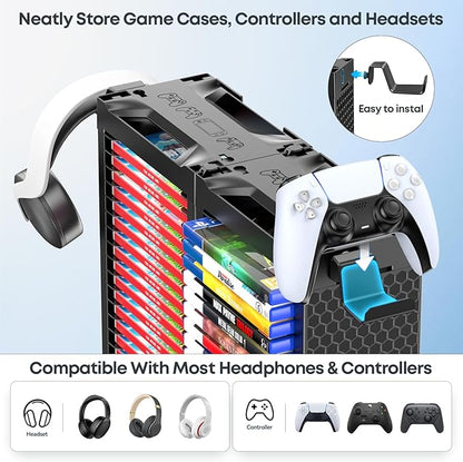 Kytok Video Game Disc Rack Tower Video Game Storage Universal for PS5/PS4/ XBOX One/Series/Nintendo Switch Game, Game Organizer Shelf Display Stand for Wall Mount/Desk/Floor with Controller Holder