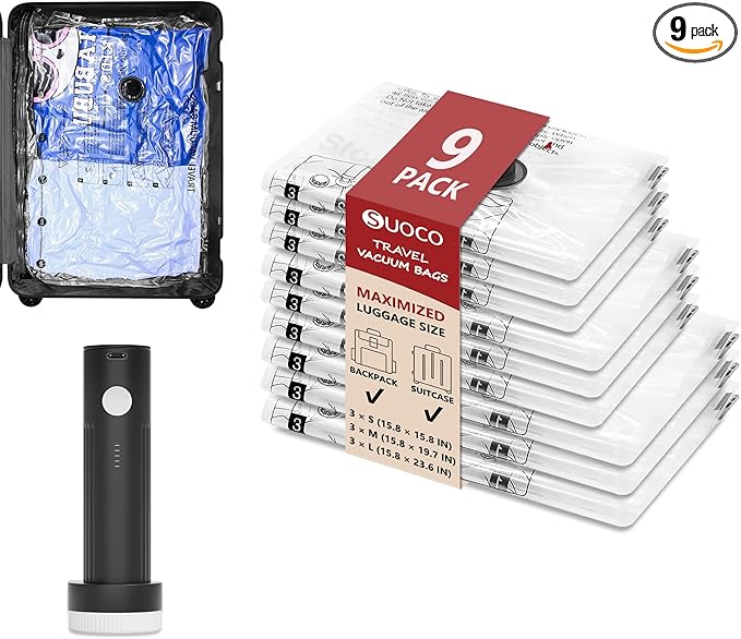Travel Vacuum Bags for Clothing with Rechargeable Electric Pump, 9 Pack Compression Packing Cubes Organizer Storage for Luggage Suitcase, Space Saver Seal Bags for Vacation Cruise