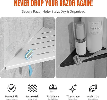 HBXS Corner Shower Shelf with Razor Hole, Rustproof Stainless Steel Shower Organizer, No Drilling Tile Shower Shelves, Modern Bathroom Shelf for Tile Wall, Grout in Shelf for Bathroom 2-Pack, 10"