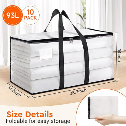 BlissTotes 10-Pack Heavy Duty Extra Large Clear Moving Bags, Reinforced Handles & Tag Pocket (93L)