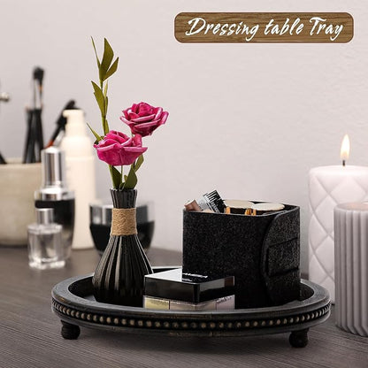 KULEDM Wooden Tray Decor, Small Beaded Coffee Table Tray Decor, Black Round Decorative Tray for Coffee Table, Dining Room Table Entryway and Living Room Table