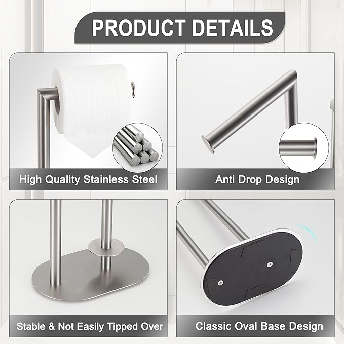 Brushed Nickel Freestanding Toilet Paper Holder with Reserve for Bathroom with Weighted Base, Modern Tissue Roll Holder Stand