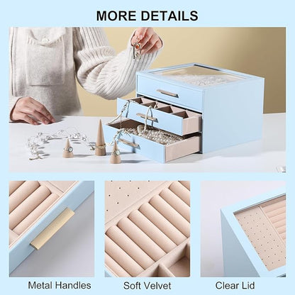 Frebeauty Clear Lid Jewelry Box,3-Layer Jewelry Organizer with Drawer,PU Leather Jewelry Organizers and Storage,Jewelry Boxes for Women,Jewelry Storage for Rings Earring Stud,Gift for Women(Sky Blue)