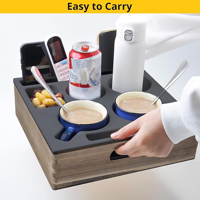 KindGa Couch Cup Holder, Waterproof Anti-Spill Couch Drink Holder for Snacks Beverage Remote, Food Grade Silicone Wooden Couch Caddy for Bed Car Seat Beach Tray (Black)