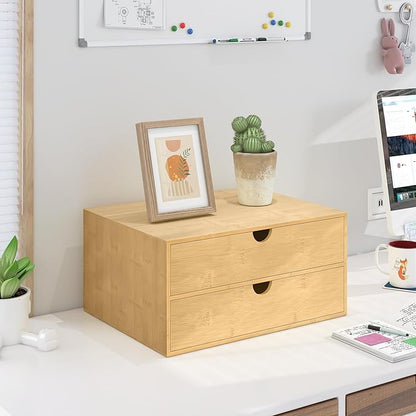 Bamboo Desk Drawer Organizer, Large Desktop Organizer with Drawers Tabletop Storage Organization Box for Office Home Toiletries Supplies Vanity, No Assembly Required (2 Drawer)