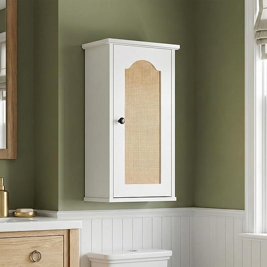 OONNEE Over The Toilet Storage Cabinet, Above Toilet Organizer with Rattan Door, Modern White Finish, 13x25 inch Space Saving Bathroom Medicine Cabinet