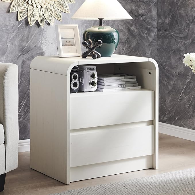 Aitjunz 25" Tall Modern Nightstand Set of 2, 23.6'' Wide Wood Bedside Table w/2 Storage Drawers, Charging Station, Mid Century End Table for Bedroom, Living Room,Curved Profile Design, Antique White