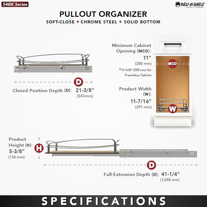 Rev-A-Shelf Pull Out Kitchen Cabinet Storage Organizer with Solid Bottom and Undermount Soft-Close Full Extension Slides, 54BK-12SC-1