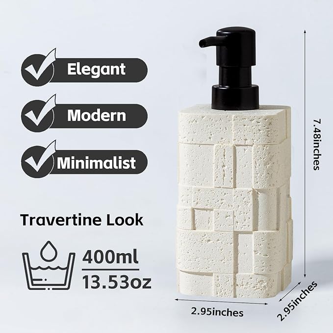 Haocoott Soap Dispensers 400mL 13.5 OZ, 2 PCS Luxurious Hand Dish Lotion Shampoo Soap Dispenser Jar, Travertine Stone Look Soap Pump Bottles for Kitchen Bathroom Countertop (White)