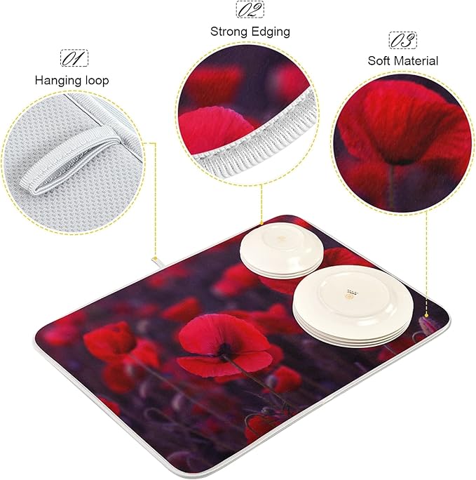 ZzWwR Magic Red Poppy 16" x 18" Absorbent Dish Drying Mat Microfiber Kitchen Countertop Table Protector Multi-Purpose Counter Rack Sink Drainer Pad