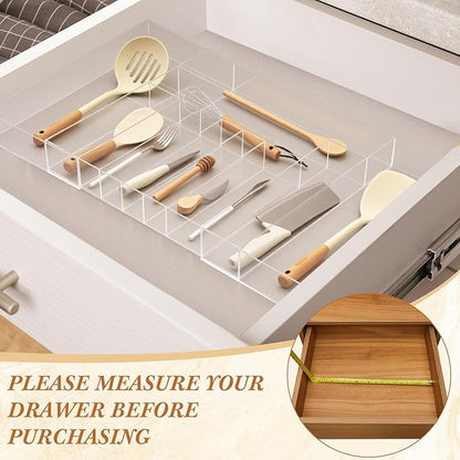 1 Pack Expandable Kitchen Drawer Organizer Clear Acrylic Utensil Organizer Adjustable Acrylic Silverware Storage for Drawers Silverware Flatware Knives (18.5 x 17.4 Inches,9-11 Compartments)