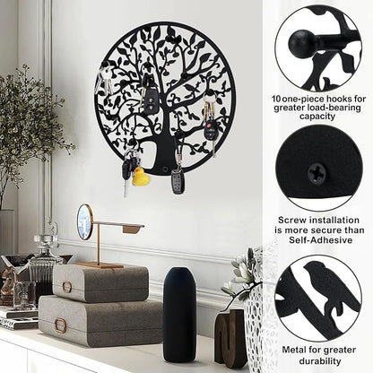 Round Decorative Home Key Holder Wall Mount, Metal Tree Car Key Rack for Wall Organizer for Keys, Wallets, Hats, Used for Decor for House Entryway, Kitchen, Garage, Office (12" Black)