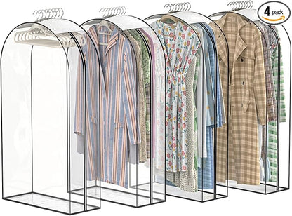 Upgraded Thickened Clear Garment Bags for Hanging Clothes 4 Packs, 10“ Gusseted Clothes Hanging Storage Bags for Closet, Shirts, Coats, Dresses (50 inch)