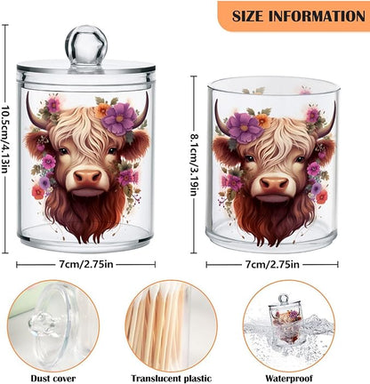 MNSRUU 2 Pack Qtip Holder Organizer Dispenser Highland Cow Pink Bathroom Storage Canister Cotton Ball Holder Bathroom Containers for Cotton Swabs/Pads/Floss