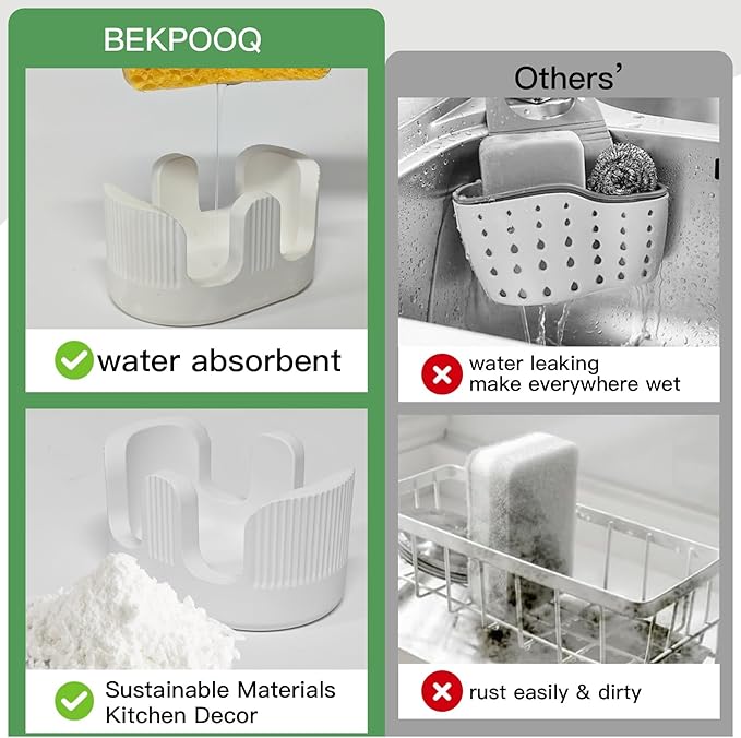BekPooQ Ultra Absorbent Stone Sponge Holder for Kitchen Sink, 2 Slot Diatomite Dish Brush Sponge Holder, Diatomite Stone Sink Tray, Rustproof Sinks Caddy for Countertop, Double, White