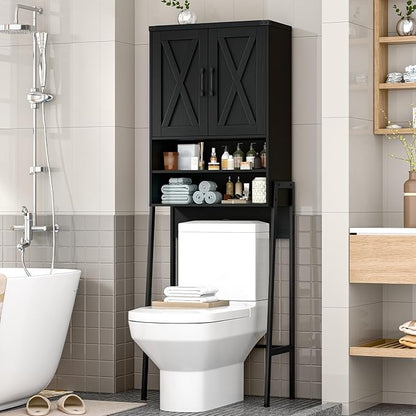 Vabches Over The Toilet Storage Cabinet, Farmhouse Over Toilet Storage Cabinet, Metal Frame with 2 Barn Doors, Home Space-Saving Toilet Rack for Bathroom, Toilet, Laundry Room,Black