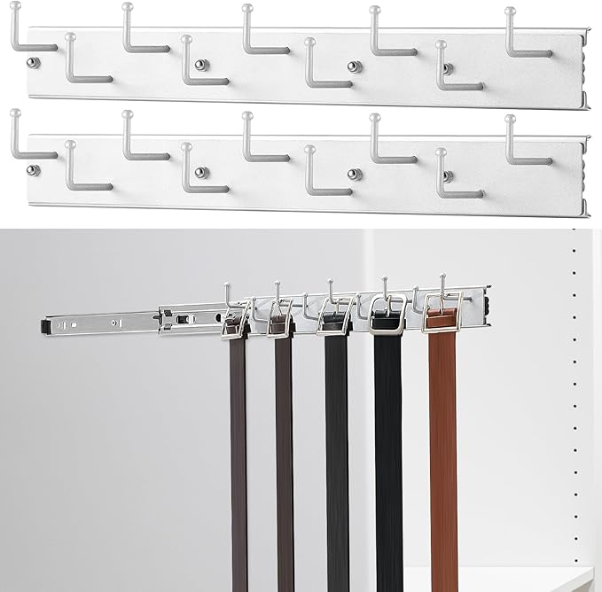 Blulu 2 Pcs 13.8'' Sliding Tie Rack Hangers for Closet, 9(Total 18) Tie Pull Out Wall Mounted Extending Sturdy Metal Belt Organizer Holder for Men Belt Storage, Sliver