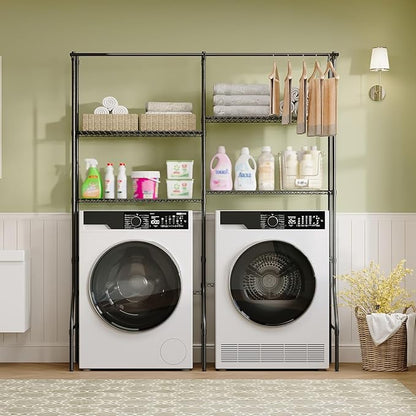 GarveeHome Over Washer and Dryer Storage Shelves, 4 Tiers Above Washer Dryer Storage Rack for Laundry Room Organization, Adjustable Height Clothes Drying Rack with Hanger Rod & Hook, Black