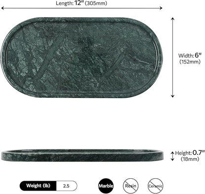 Faticdorr Green Marble Tray, 2 Pcs, Marble Vanity Tray, Bathroom, Decor for Trinket Perfume Jewelry Candle, 12 Inch Oval