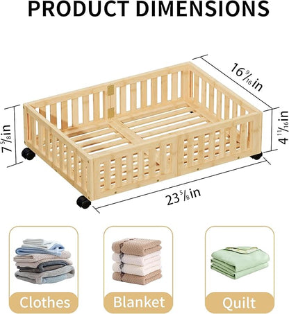 Bamboo Under Bed Storage with Wheels Rolling Underbed Shoe Organizer Box for Shoes, Blankets, Toys, Clothes Container Space-Saving Organizer Bins for Bedroom, Closet, Dorm, Nursery