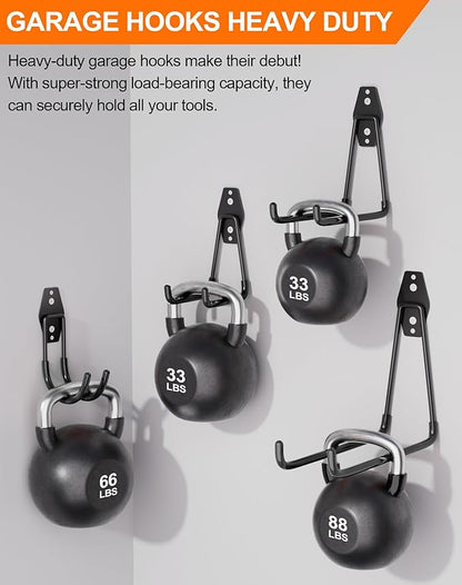 QcoQce 14 Pack Garage Hooks Heavy Duty with 2 Extension Cord Straps,Garage Storage Hooks, Wall Mount Hooks, Garage Organization and Tool Hangers for Bike, Ladder, Ropes and Garden Tools