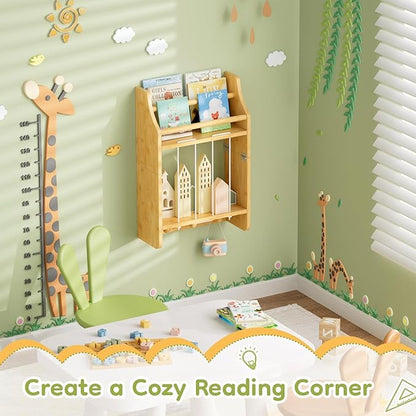 Wall-Mounted Kids Bookshelf, 2-Tier Bamboo Floating Nursery Book Shelf, Picture Ledge Shelf for Wall Decor and Storage, Hanging Toy Shelf Organizer for Baby Rooms Playroom Bedroom