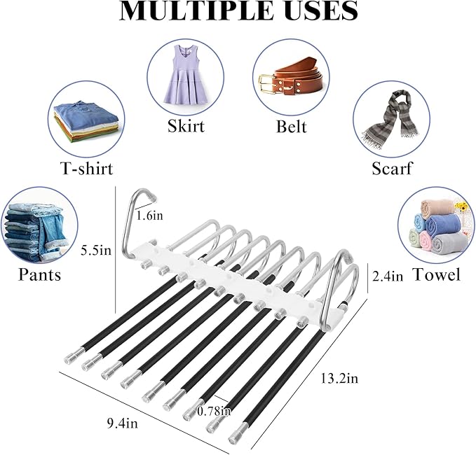 SAN LIKE 2 Pack 9 Layers Pants Hangers Space-Saving Stainless Steel Closet Hangers 20pcs Fixed Clips Non-Slip Multi-Functional Pants Rack Two Hanging Modes for Trousers Jeans Leggings Scarf Skirts