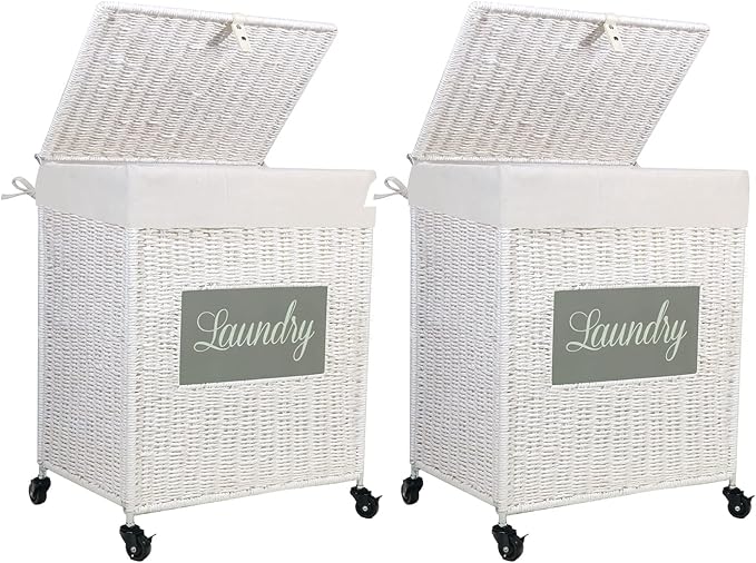 Mxfurhawa Laundry Basket, Heavy Duty Cotton Liner Laundry Storage Hamper with Handles, Collapsible Clothes Wire Basket Organizer Laundry Bag (2PCS-89WE-H)