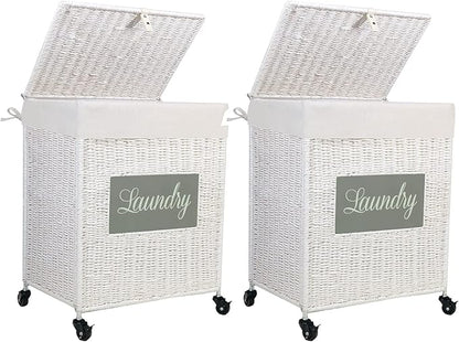 Mxfurhawa Laundry Basket, Heavy Duty Cotton Liner Laundry Storage Hamper with Handles, Collapsible Clothes Wire Basket Organizer Laundry Bag (2PCS-89WE-H)