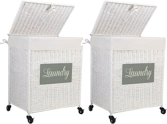 Mxfurhawa Laundry Basket, Heavy Duty Cotton Liner Laundry Storage Hamper with Handles, Collapsible Clothes Wire Basket Organizer Laundry Bag (2PCS-89WE-H)