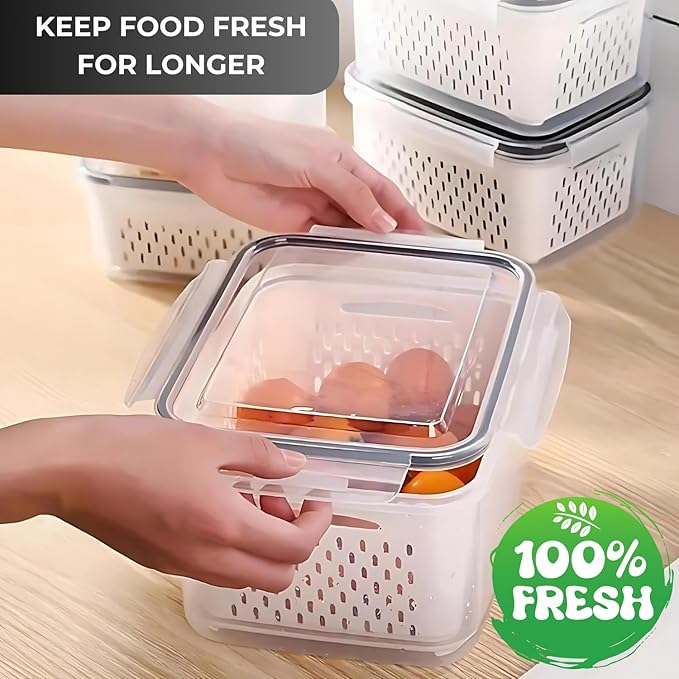 VegiTechs 4 PCS Fruit Containers for Fridge, Leakproof fruit storage containers for fridge with Removable Colander