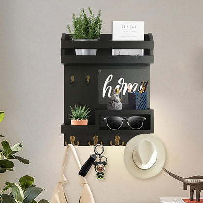 Large Key and Mail Holder Wall Mount, 12.5x16.5 Inch Solid Wood Key Racks for Entryway, Front Door, Hallway, Wall Organizer (Matte Black)